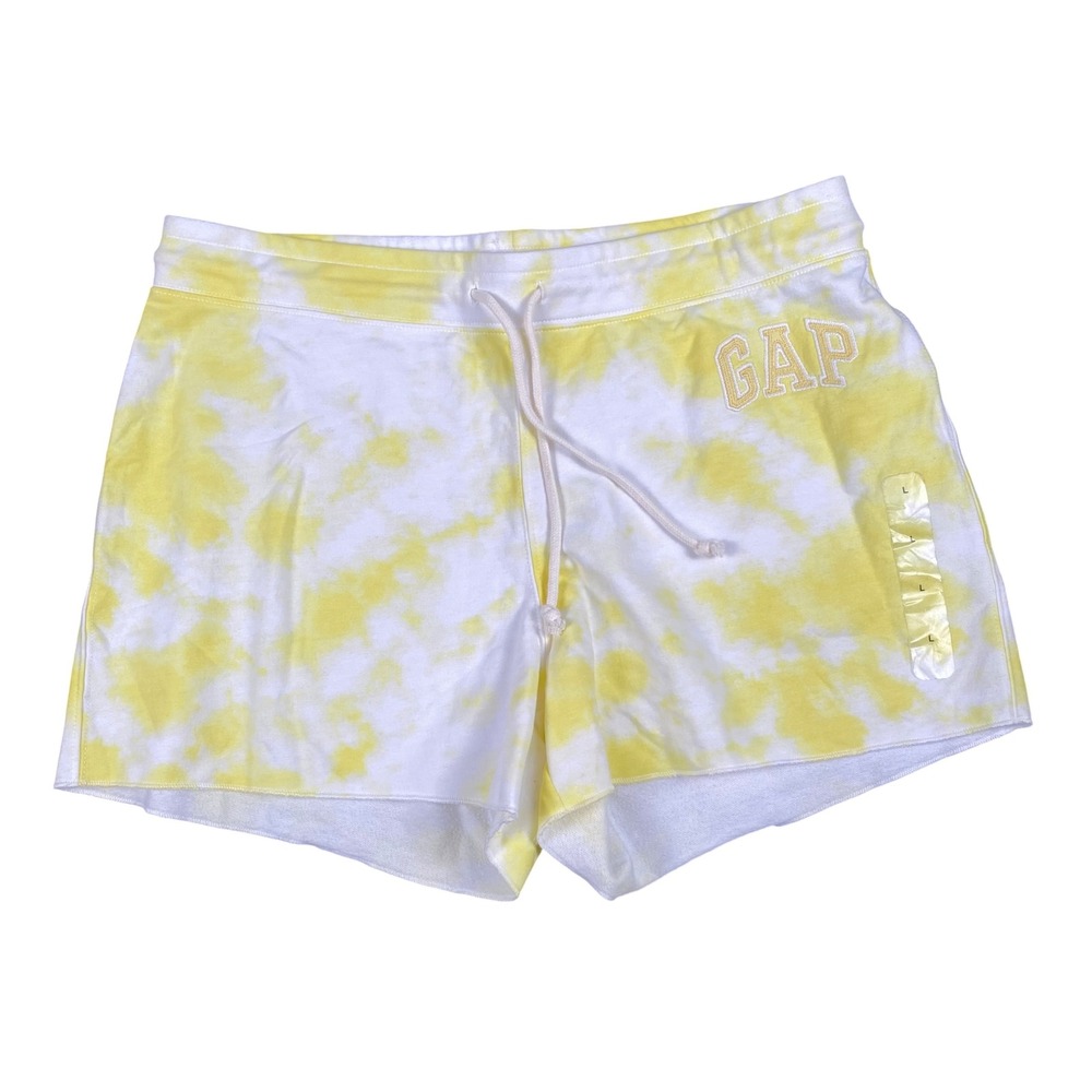 GAP Womens Yellow White Tie Dye Sweat Shorts Drawstring Logo Size L NEW